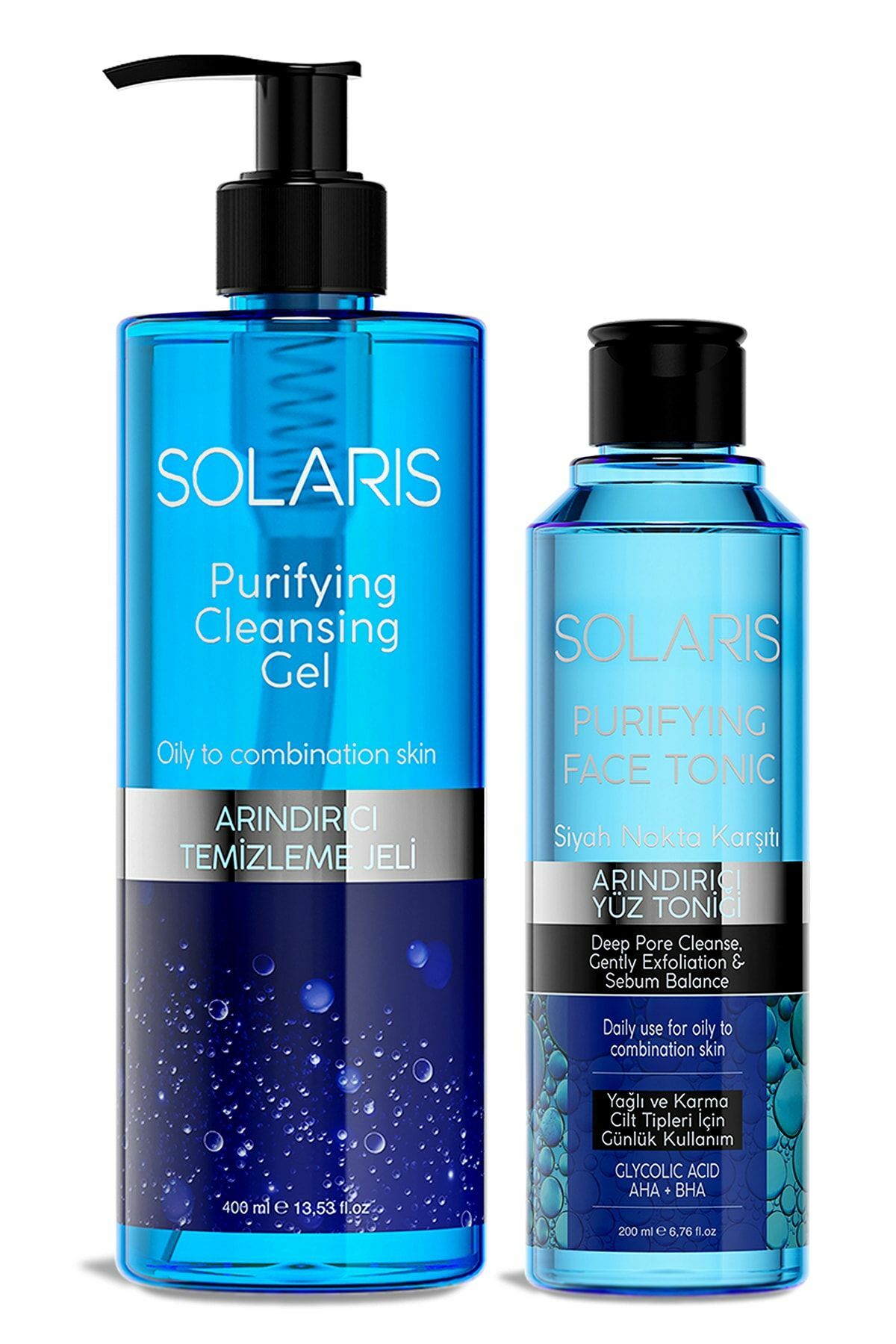 Solaris Yağlı ve Karma Ciltler İçin Siyah Nokta Karşıtı Arındırıcı Yüz Temizleme Jeli 400 ml + Tonik 200 ml