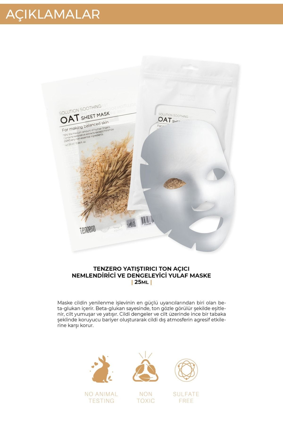 Tenzero Yatıştırıcı Ton Açıcı Nemlendirici ve Dengeleyici Yulaf Şeffaf Pamuk Maske 10'lu