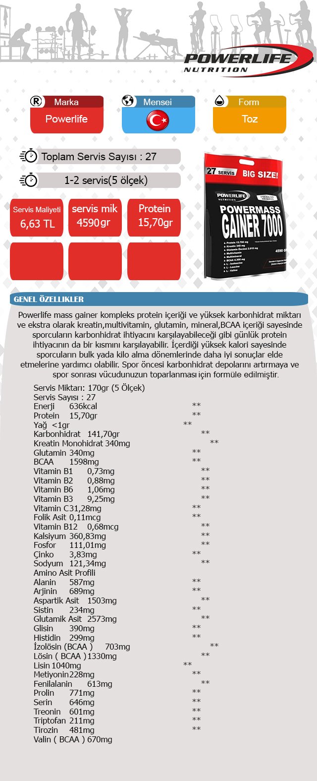 Power Life Mass Gainer karbonhidrat 7000 4590 gr Poşet