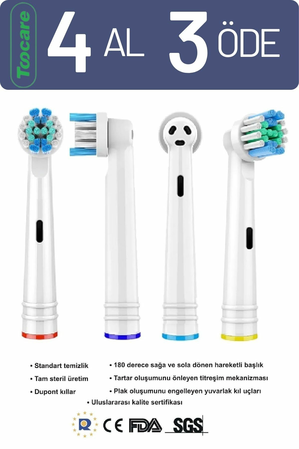 Toocare Oral-B Şarjlı Ve Pilli Diş Fırçaları İçin 4 Adet Çocuk Yedek Başlığı