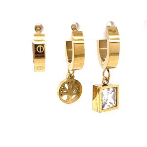 Üçlü Hayat Ağacı Figürlü Kare Taşlı Çelik Küpe Gold