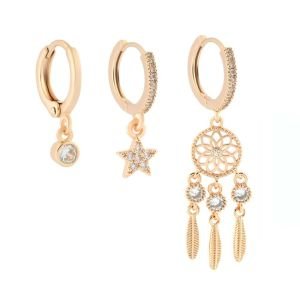 YSX Üçlü Zirkon Taşlı Küpe Gold