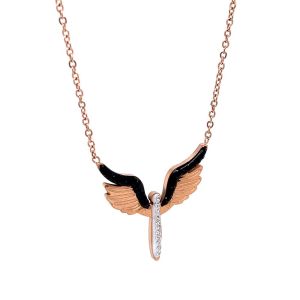 Melek Figürlü Siyah Zirkon Taşlı Çelik Kolye Rose