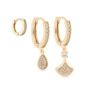 YSX Üçlü Zirkon Taşlı Küpe Gold