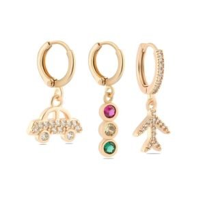 YSX Üçlü Zirkon Taşlı Küpe Gold