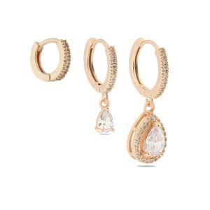 YSX Üçlü Zirkon Taşlı Küpe Gold