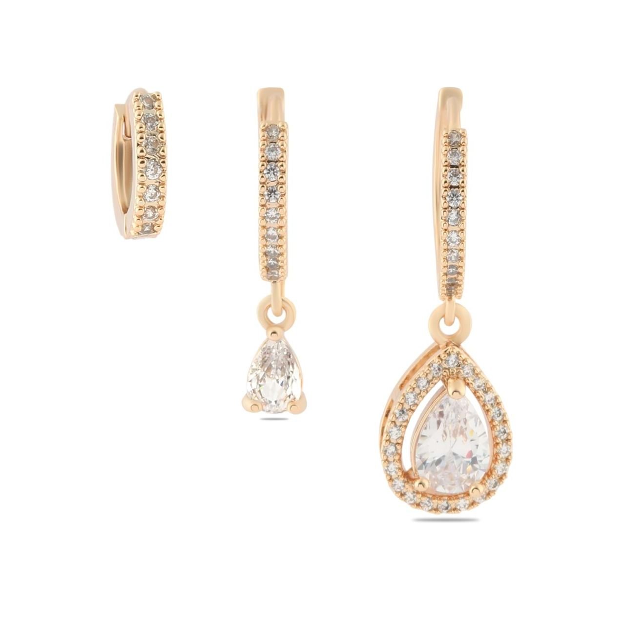 YSX Üçlü Zirkon Taşlı Küpe Gold