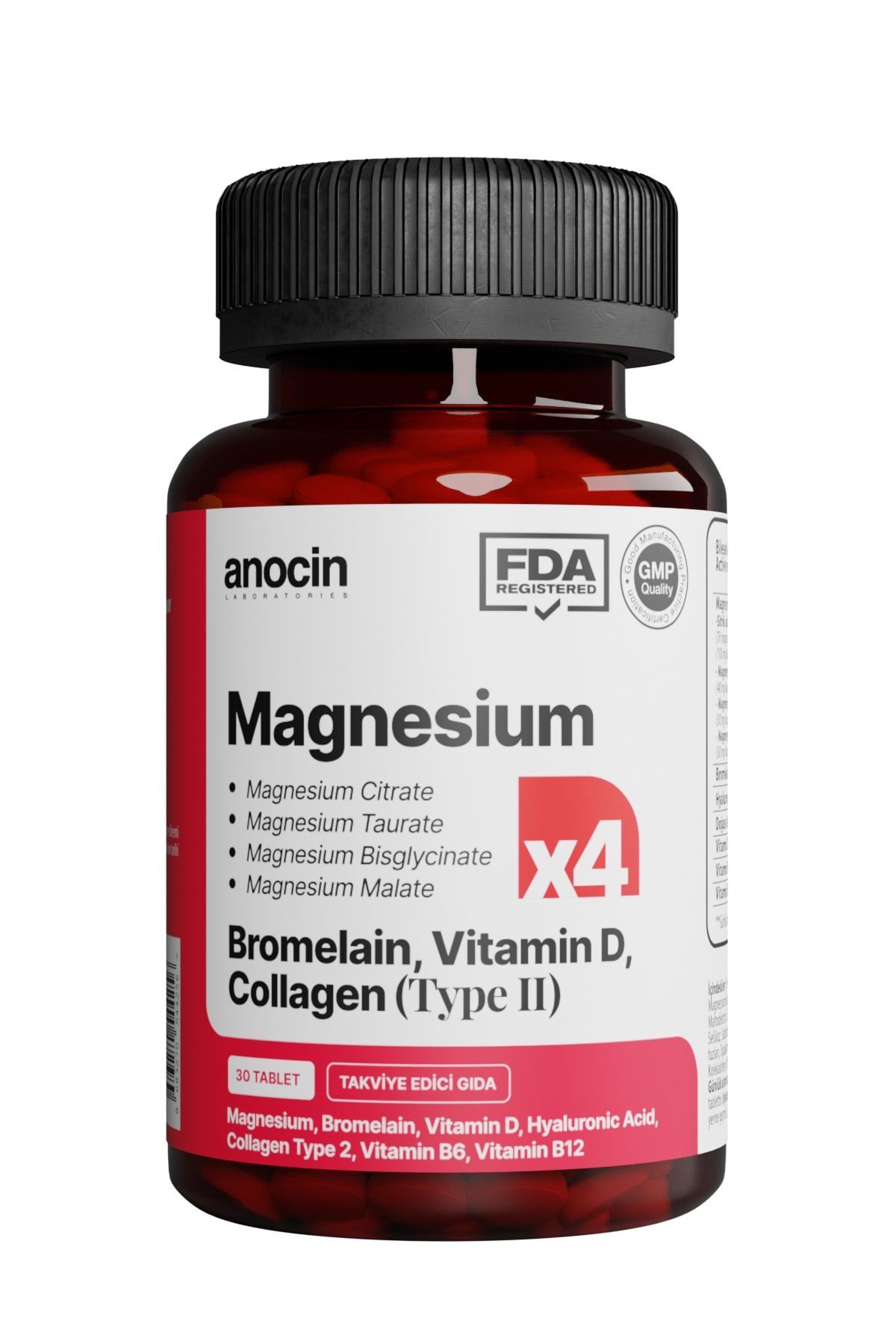 Anocin Magnezyum X4 Complex CitrateTaurate Bisglycinate Malate Bromelain Hyaluronik Asit D+ B12 + B6 30 Tablet