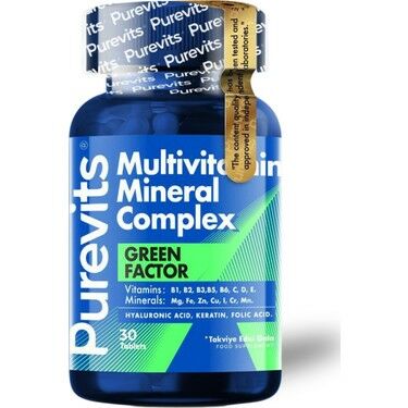 Purevits Green Factor Multivitamin Minarel Complex Keratin Hyaluronik Asit Folik Asit 30 Adet