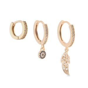 YSX Yaprak - Nazar Üçlü Zirkon Taşlı Küpe Gold