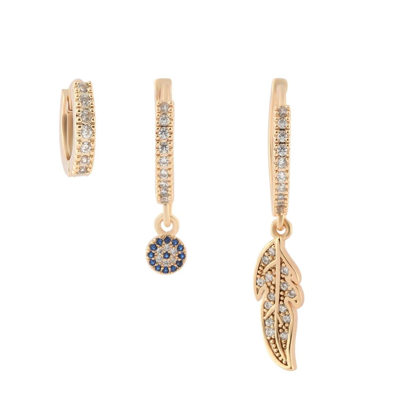 YSX Yaprak - Nazar Üçlü Zirkon Taşlı Küpe Gold