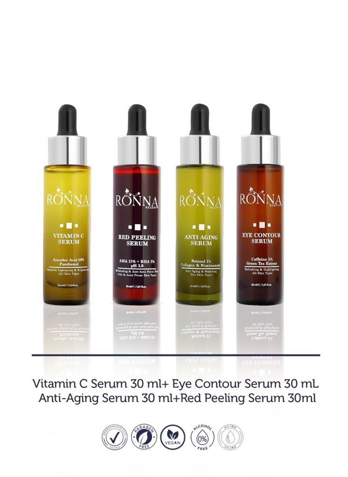 Ronna Beauty Canlandırıcı Koyu Leke Giderici Renk Tonu Eşitleyici Bakım Seti - Eye Contour Serum 30 ml + Peeling Serum 30 ml + Vitamin C Serum 30 ml + Retinol Serum 30 ml