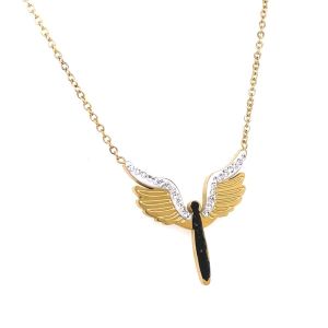 Melek Figürlü Beyaz Zirkon Taşlı Çelik Kolye Gold