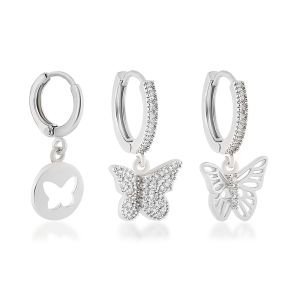 YSX Kelebek Üçlü Zirkon Taşlı Küpe Gümüş