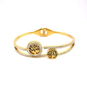Hayat Ağacı Figürlü Çelik Bileklik Gold