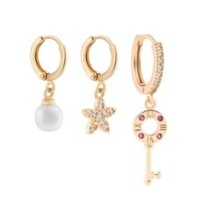 YSX Anahtar - İnci Üçlü Zirkon Taşlı Küpe Gold