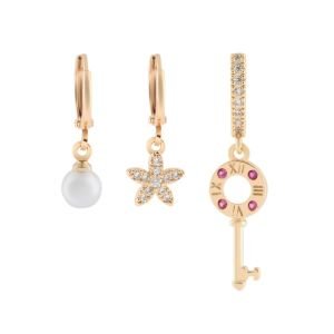 YSX Anahtar - İnci Üçlü Zirkon Taşlı Küpe Gold