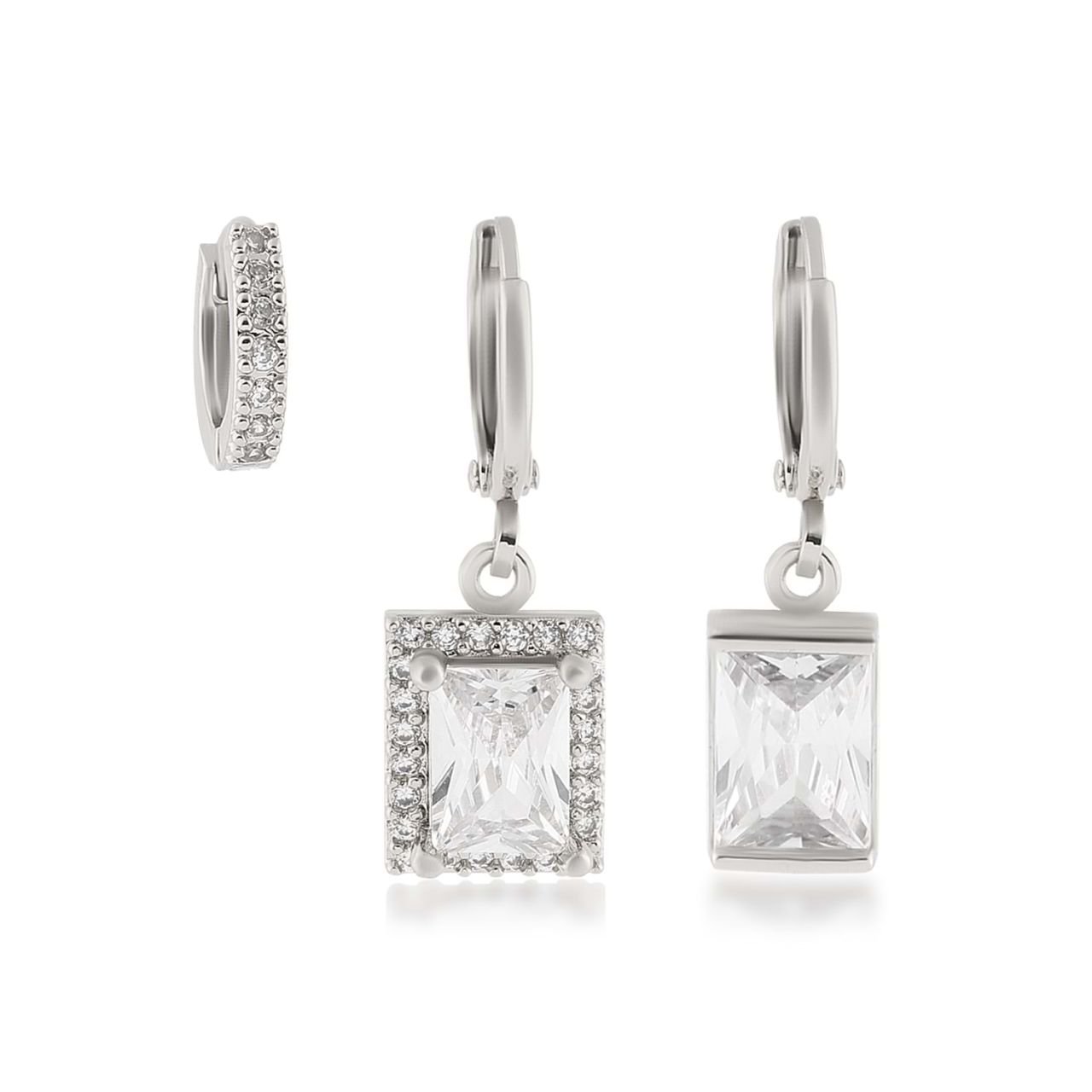 YSX Baget Üçlü Zirkon Taşlı Küpe Gümüş