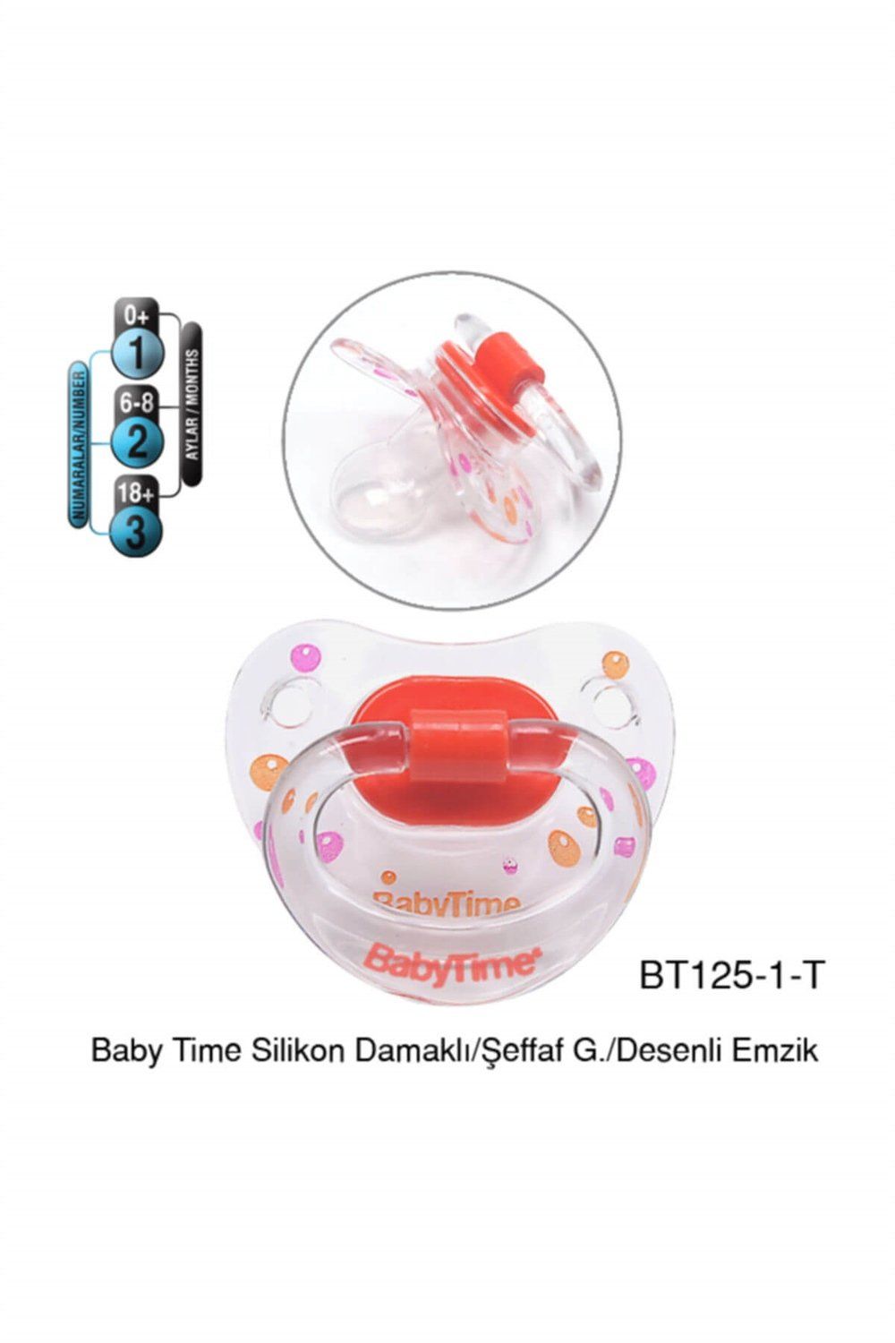 Baby Time Bt125 Silikon Damaklı Şeffaf Gövdeli Desenli Emzik - Turuncu