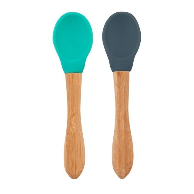 Oioi Silikon Mama Kaşığı 2'li Bambu Saplı - Aqua Green & Deep Blue