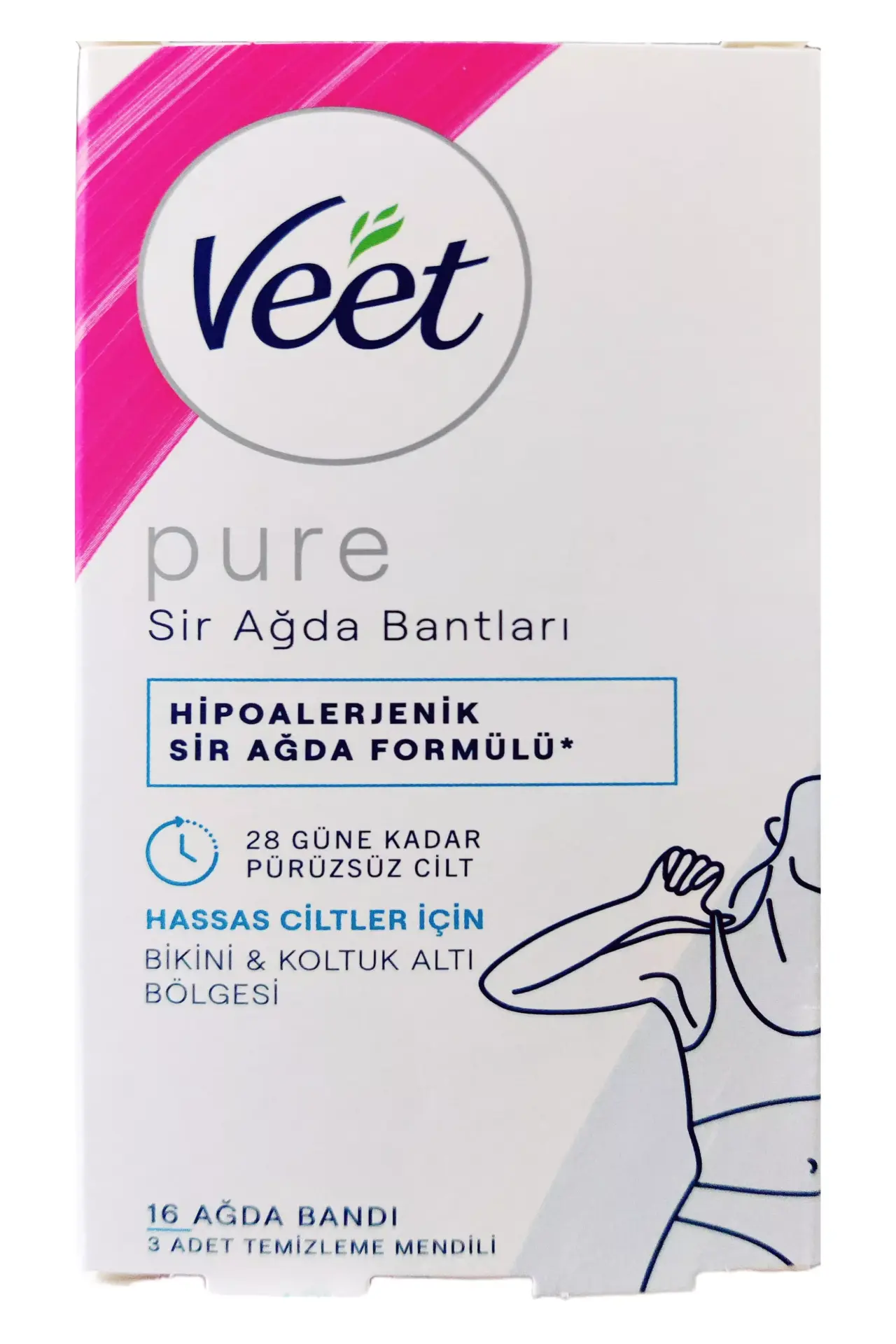 Veet Pure Bikini Bölgesi ve Koltuk Altı İçin Hipoalerjenik Sir Ağda Bandı 16'lı + 3 Adet Temizleme Mendili Hediye
