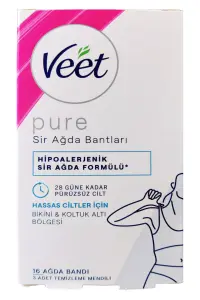 Veet Pure Bikini Bölgesi ve Koltuk Altı İçin Hipoalerjenik Sir Ağda Bandı 16'lı + 3 Adet Temizleme Mendili Hediye