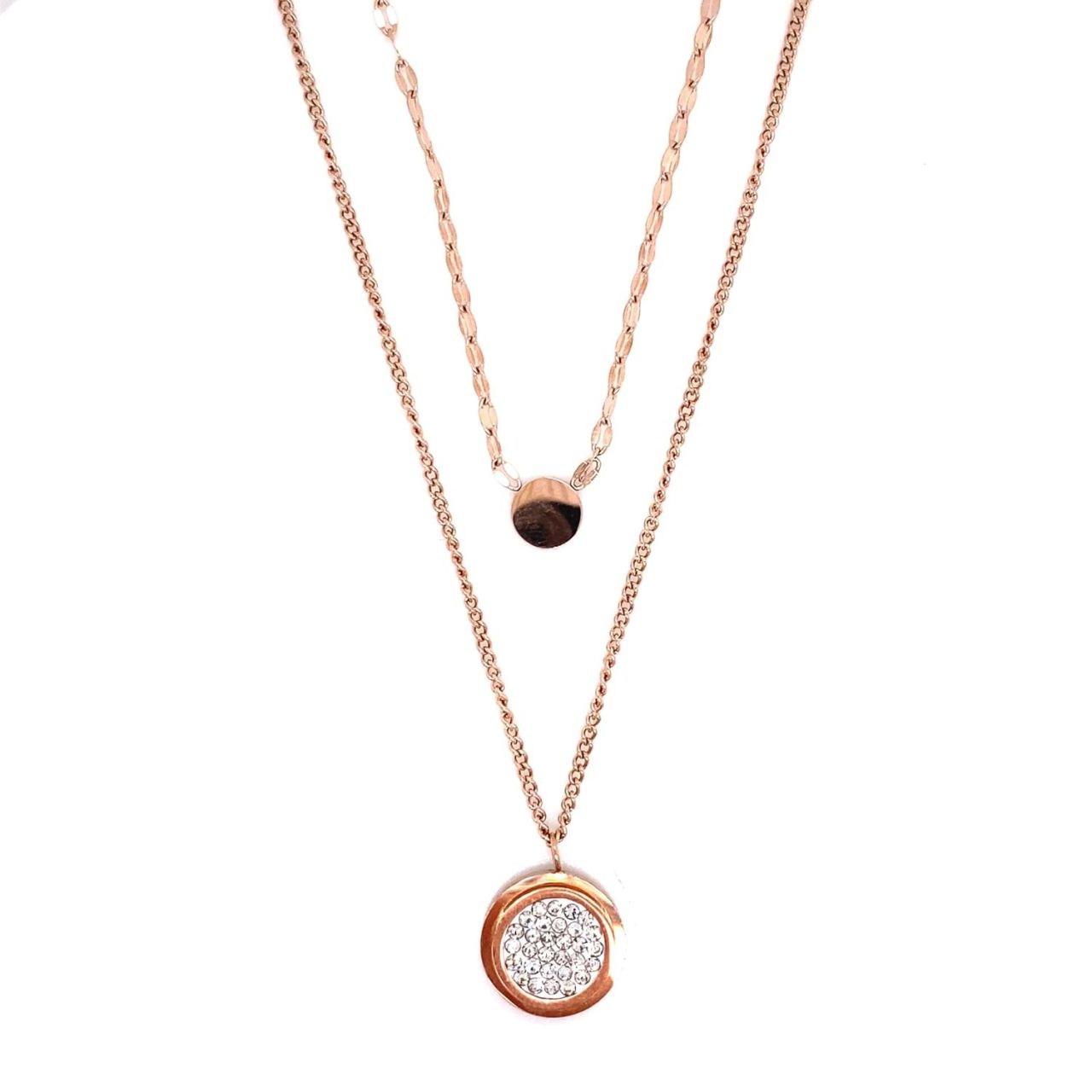 Yuvarlak Zirkon Taşlı Çelik Kolye Rose