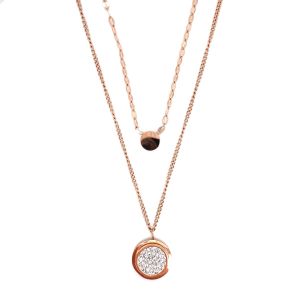 Yuvarlak Zirkon Taşlı Çelik Kolye Rose