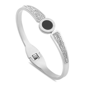 Siyah Sedef Taşlı Çelik Kelepçe Bileklik