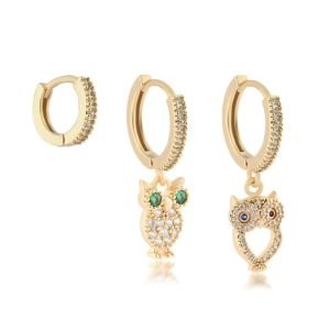 YSX Baykuş Üçlü Zirkon Taşlı Küpe Gold