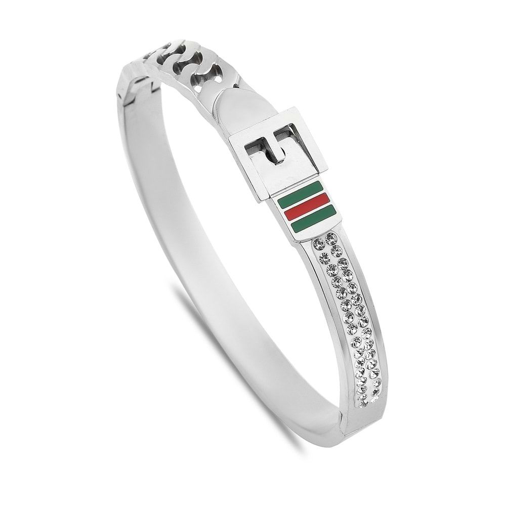 Toka Figürlü Sedef Taşlı Çelik Kelepçe Bileklik