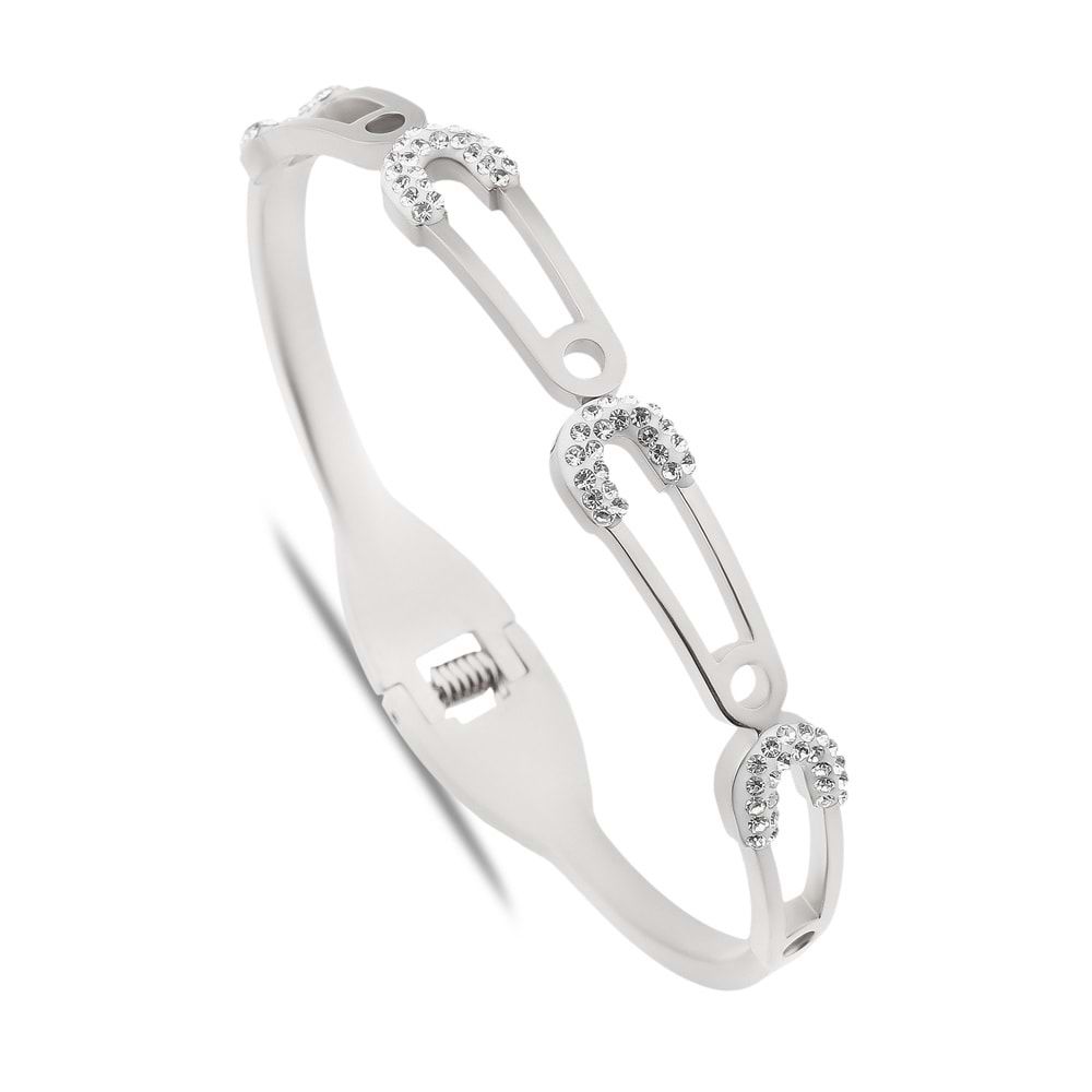 U Figürlü Zirkon Taşlı Çelik Kelepçe Bileklik