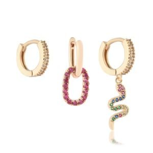 YSX Yılan Üçlü Zirkon Taşlı Küpe Gold