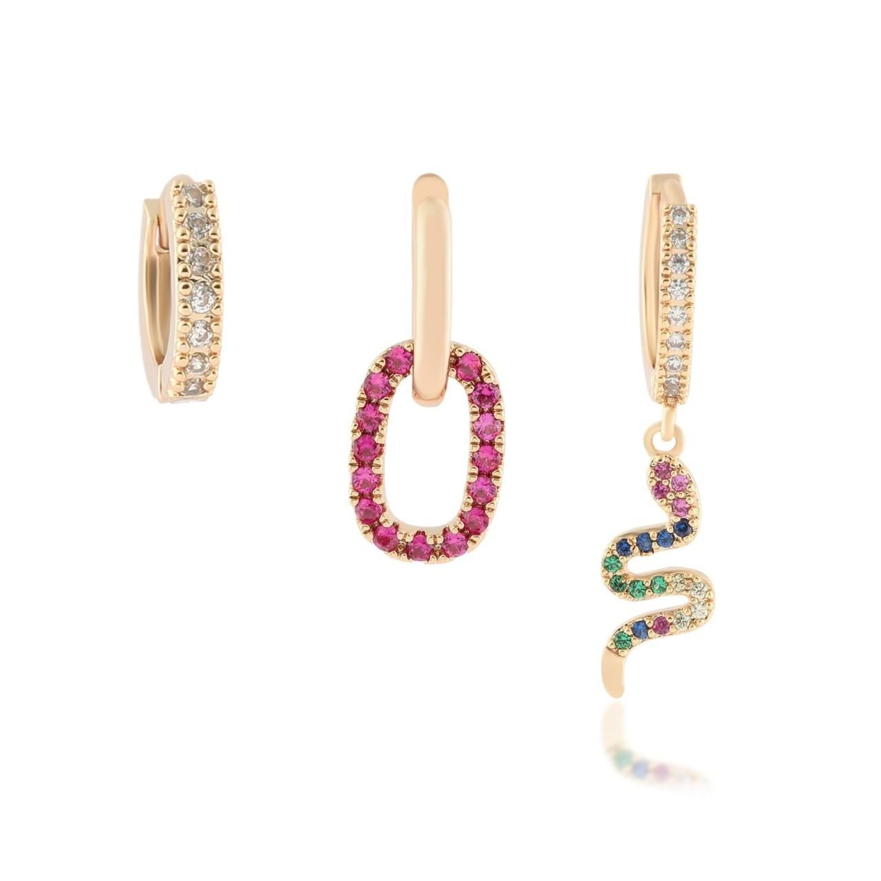 YSX Yılan Üçlü Zirkon Taşlı Küpe Gold