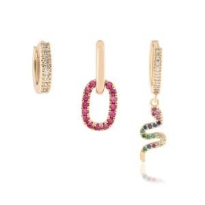 YSX Yılan Üçlü Zirkon Taşlı Küpe Gold