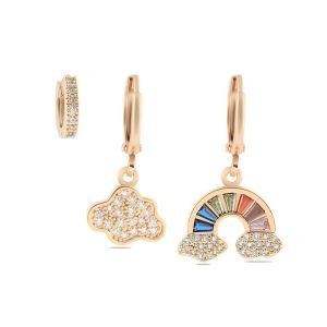 YSX Gökkuşağı Üçlü Zirkon Taşlı Küpe Gold