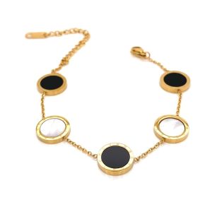 Siyah Beyaz Sedef Taşlı Roma Rakamlı Çelik Bileklik Gold