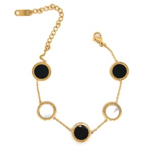 Siyah Beyaz Sedef Taşlı Roma Rakamlı Çelik Bileklik Gold