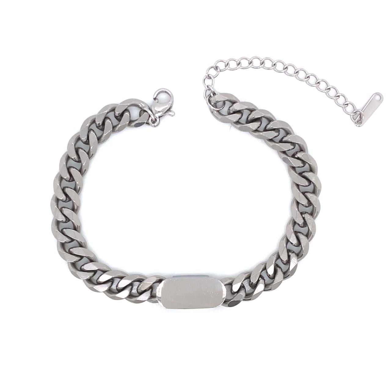 Kalın Zincirli Küçük İsimlikli Çelik Bileklik Gümüş