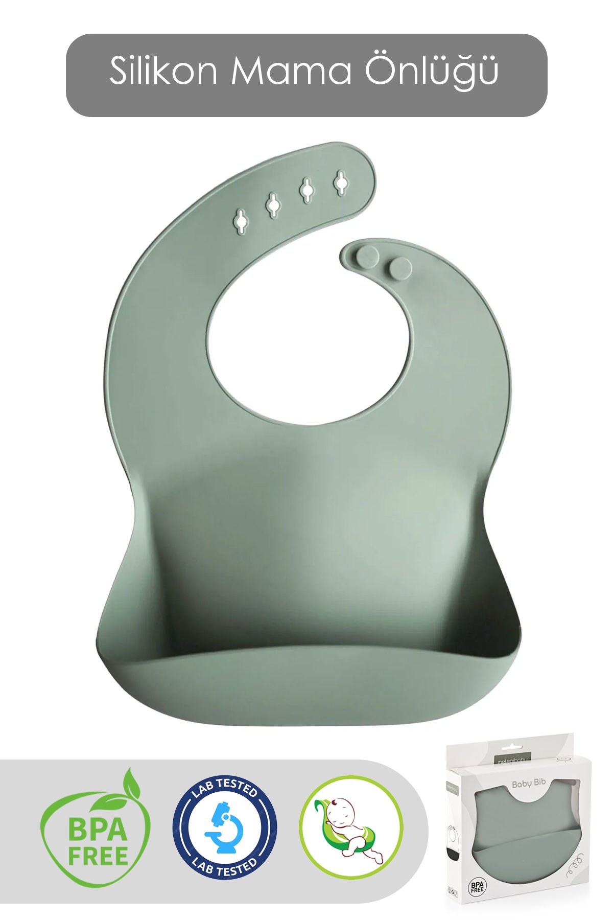 Meleni Baby Mega Boy Silikon Mama Önlüğü Çift Kilitli Ayarlanabilir Bebek Mama Önlüğü - Yeşil
