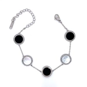 Siyah Beyaz Sedef Taşlı Roma Rakamlı Çelik Bileklik Gümüş