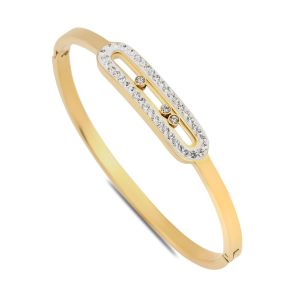 Zirkon Taşlı Çelik Kelepçe Bileklik Gold