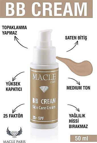 Macle Paris BB Krem Medium Pütürlü Cilt Kapatıcı Ton Eşitleyici Topaklanma Karşıtı Kokusuz SPF25 50 ml