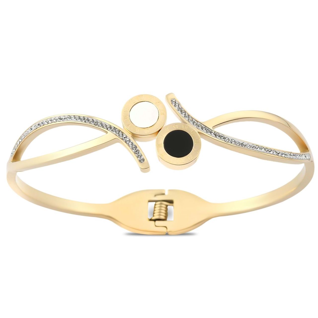 Siyah Beyaz Sedef Taşlı Çelik Kelepçe Bileklik