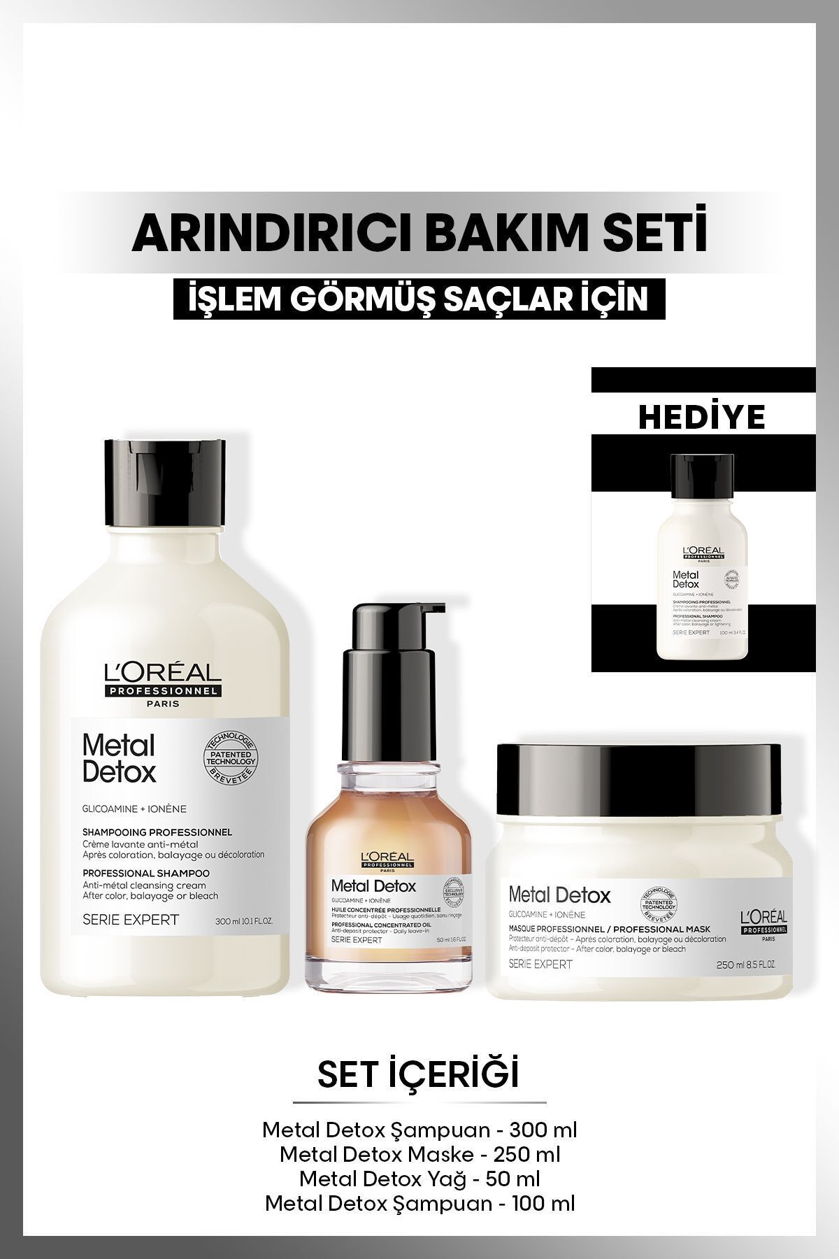 L'Oreal Professionnel Metal Detox Saç Bakım Seti - Şampuan 500 ml + Saç Maskesi 250 ml + Saç Kremi 100 ml