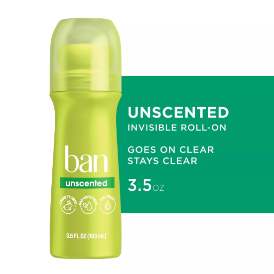 Ban Invisible Antiperspirant Deo Unscented Roll-On 3.5 Oz 103 ml