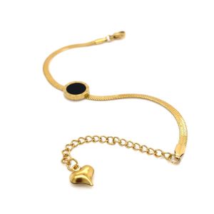 Siyah Sedef Taşlı Roma Rakamlı İtalyan Zincir Çelik Bileklik Gold