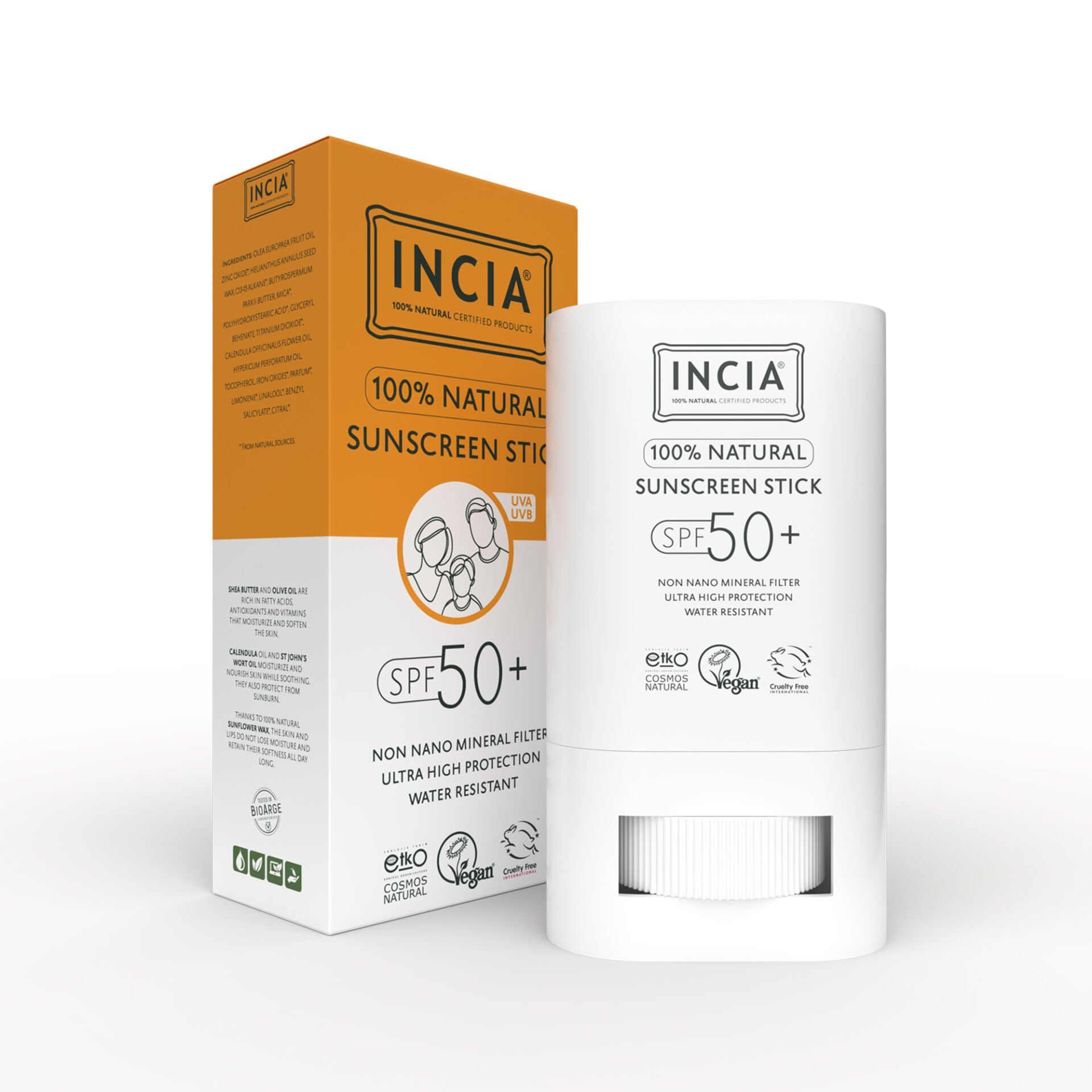 Incia Doğal Güneş Koruyucu Sun Stick Mineral Filtreli Hassas Cilt Bitkisel UVA UVB SPF50+ 15 gr