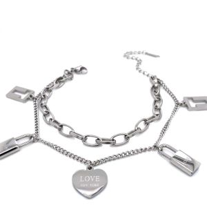 Kalp - Kilit Figürlü Çelik Bileklik Gümüş