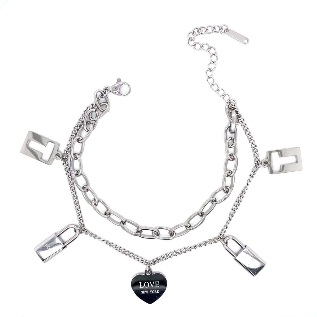 Kalp - Kilit Figürlü Çelik Bileklik Gümüş